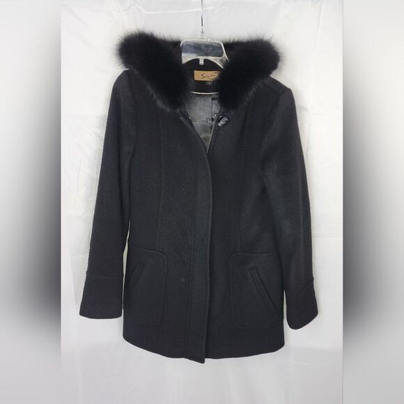 Sachi Collection women's lambs wool coat with fur trimmed hood size small - Picture 3 of 10